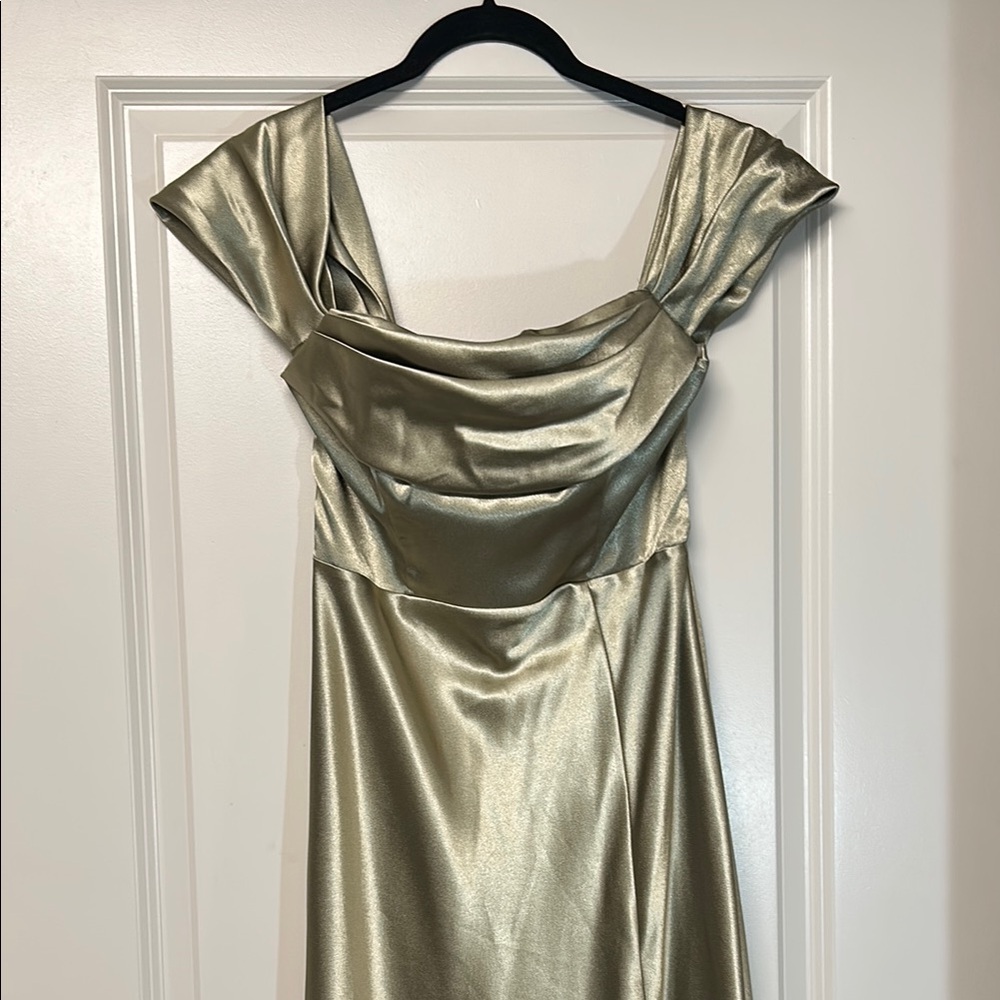 Birdy Golden Green Ruched Cowl Neck Gown
